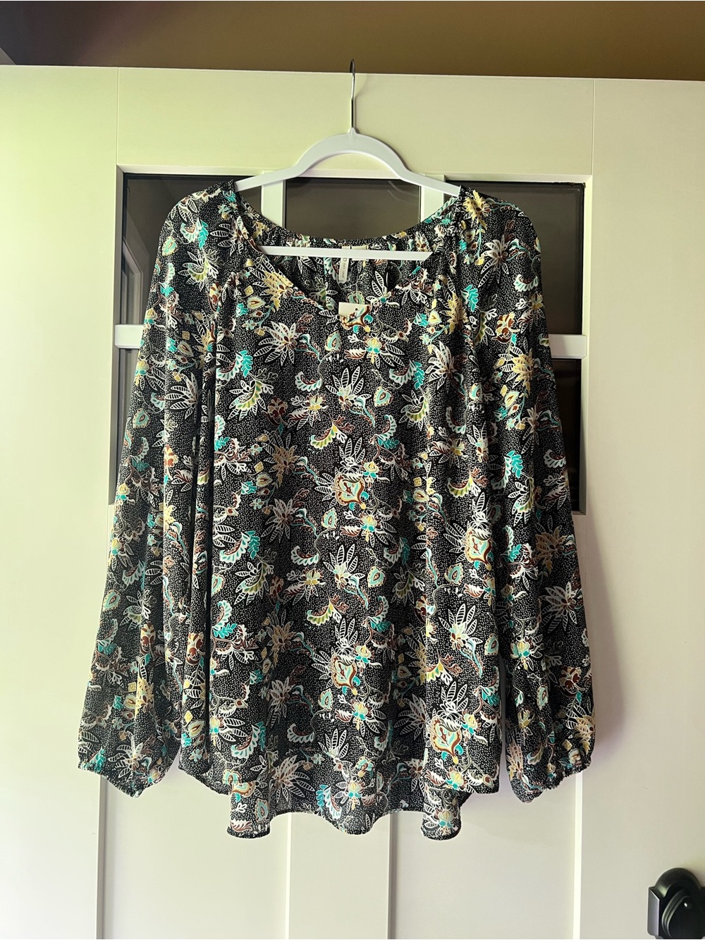 Cato Black Floral Blouse with Teal & Cream Accents